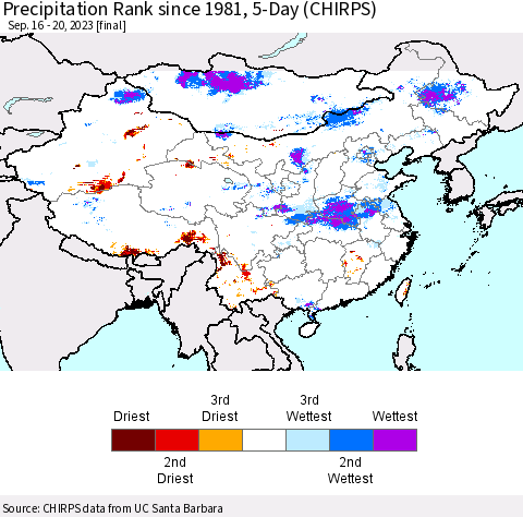 China, Mongolia and Taiwan Precipitation Rank since 1981, 5-Day (CHIRPS) Thematic Map For 9/16/2023 - 9/20/2023