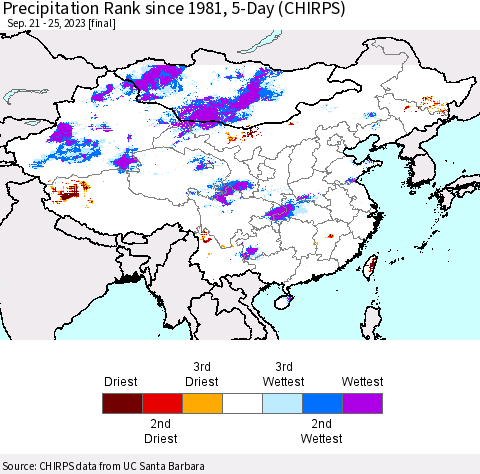 China, Mongolia and Taiwan Precipitation Rank since 1981, 5-Day (CHIRPS) Thematic Map For 9/21/2023 - 9/25/2023