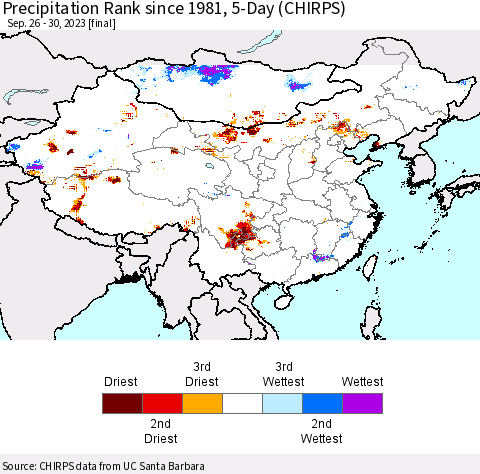 China, Mongolia and Taiwan Precipitation Rank since 1981, 5-Day (CHIRPS) Thematic Map For 9/26/2023 - 9/30/2023