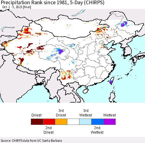 China, Mongolia and Taiwan Precipitation Rank since 1981, 5-Day (CHIRPS) Thematic Map For 10/1/2023 - 10/5/2023