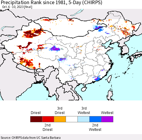 China, Mongolia and Taiwan Precipitation Rank since 1981, 5-Day (CHIRPS) Thematic Map For 10/6/2023 - 10/10/2023
