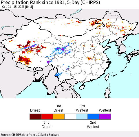 China, Mongolia and Taiwan Precipitation Rank since 1981, 5-Day (CHIRPS) Thematic Map For 10/11/2023 - 10/15/2023