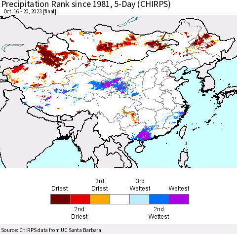 China, Mongolia and Taiwan Precipitation Rank since 1981, 5-Day (CHIRPS) Thematic Map For 10/16/2023 - 10/20/2023