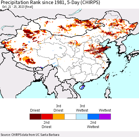 China, Mongolia and Taiwan Precipitation Rank since 1981, 5-Day (CHIRPS) Thematic Map For 10/21/2023 - 10/25/2023