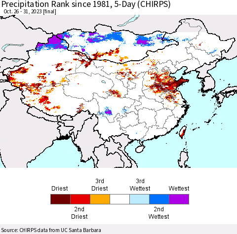 China, Mongolia and Taiwan Precipitation Rank since 1981, 5-Day (CHIRPS) Thematic Map For 10/26/2023 - 10/31/2023