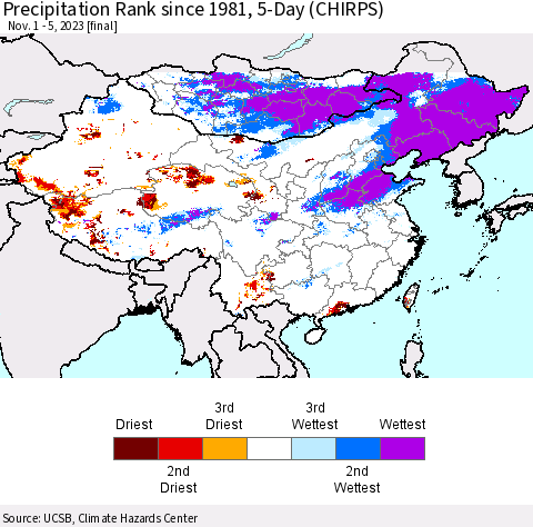 China, Mongolia and Taiwan Precipitation Rank since 1981, 5-Day (CHIRPS) Thematic Map For 11/1/2023 - 11/5/2023