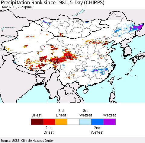 China, Mongolia and Taiwan Precipitation Rank since 1981, 5-Day (CHIRPS) Thematic Map For 11/6/2023 - 11/10/2023