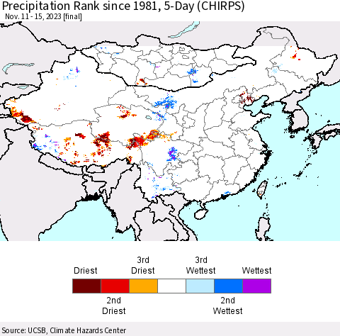 China, Mongolia and Taiwan Precipitation Rank since 1981, 5-Day (CHIRPS) Thematic Map For 11/11/2023 - 11/15/2023
