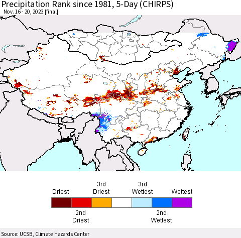 China, Mongolia and Taiwan Precipitation Rank since 1981, 5-Day (CHIRPS) Thematic Map For 11/16/2023 - 11/20/2023