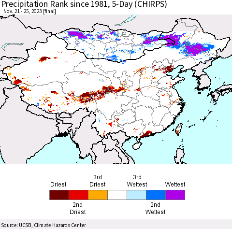 China, Mongolia and Taiwan Precipitation Rank since 1981, 5-Day (CHIRPS) Thematic Map For 11/21/2023 - 11/25/2023