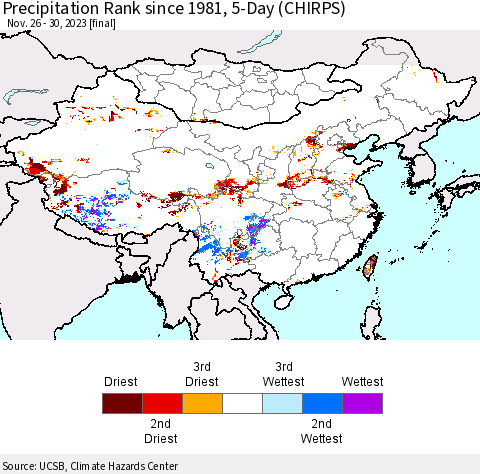 China, Mongolia and Taiwan Precipitation Rank since 1981, 5-Day (CHIRPS) Thematic Map For 11/26/2023 - 11/30/2023