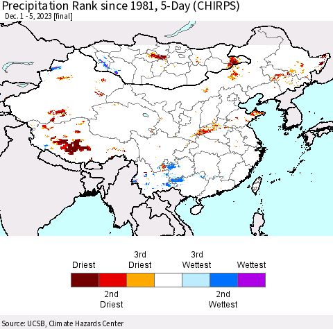 China, Mongolia and Taiwan Precipitation Rank since 1981, 5-Day (CHIRPS) Thematic Map For 12/1/2023 - 12/5/2023