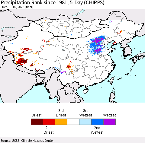 China, Mongolia and Taiwan Precipitation Rank since 1981, 5-Day (CHIRPS) Thematic Map For 12/6/2023 - 12/10/2023