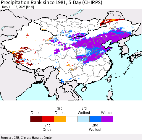 China, Mongolia and Taiwan Precipitation Rank since 1981, 5-Day (CHIRPS) Thematic Map For 12/11/2023 - 12/15/2023