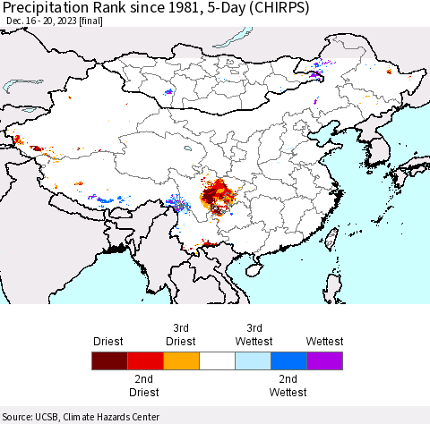 China, Mongolia and Taiwan Precipitation Rank since 1981, 5-Day (CHIRPS) Thematic Map For 12/16/2023 - 12/20/2023