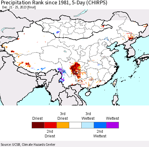 China, Mongolia and Taiwan Precipitation Rank since 1981, 5-Day (CHIRPS) Thematic Map For 12/21/2023 - 12/25/2023