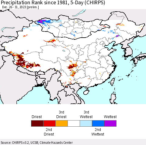 China, Mongolia and Taiwan Precipitation Rank since 1981, 5-Day (CHIRPS) Thematic Map For 12/26/2023 - 12/31/2023