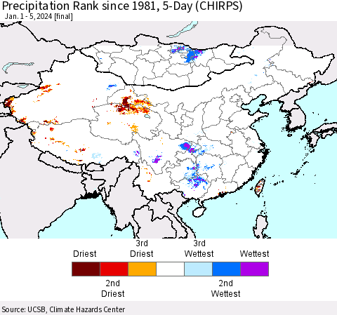 China, Mongolia and Taiwan Precipitation Rank since 1981, 5-Day (CHIRPS) Thematic Map For 1/1/2024 - 1/5/2024