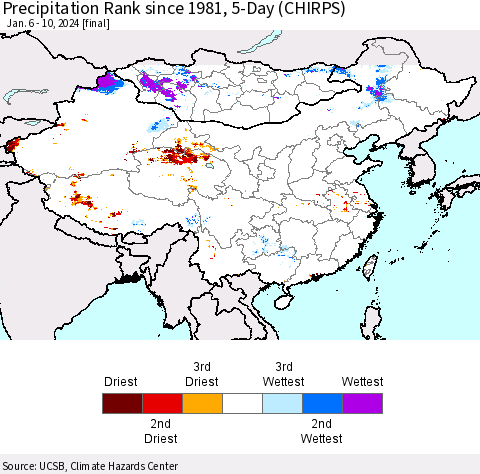 China, Mongolia and Taiwan Precipitation Rank since 1981, 5-Day (CHIRPS) Thematic Map For 1/6/2024 - 1/10/2024