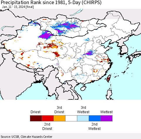 China, Mongolia and Taiwan Precipitation Rank since 1981, 5-Day (CHIRPS) Thematic Map For 1/11/2024 - 1/15/2024