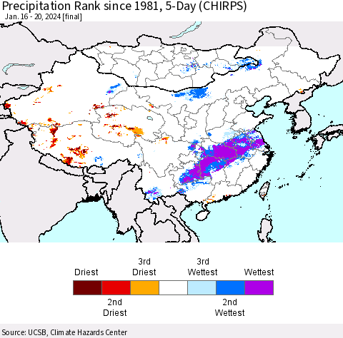 China, Mongolia and Taiwan Precipitation Rank since 1981, 5-Day (CHIRPS) Thematic Map For 1/16/2024 - 1/20/2024