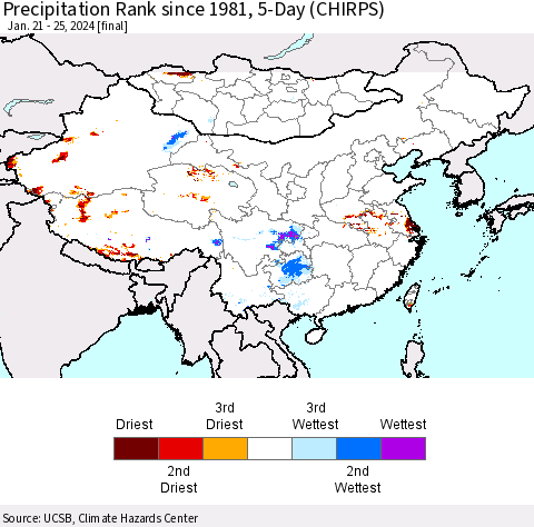China, Mongolia and Taiwan Precipitation Rank since 1981, 5-Day (CHIRPS) Thematic Map For 1/21/2024 - 1/25/2024