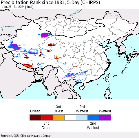 China, Mongolia and Taiwan Precipitation Rank since 1981, 5-Day (CHIRPS) Thematic Map For 1/26/2024 - 1/31/2024