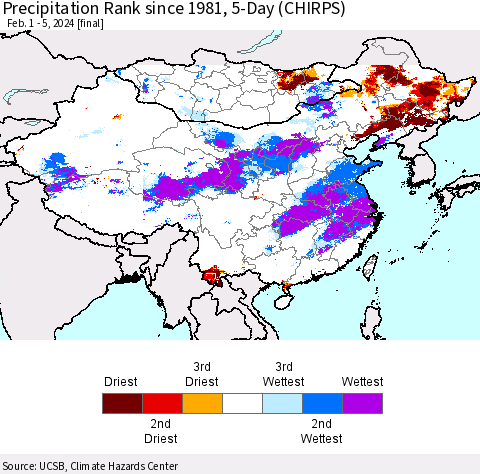 China, Mongolia and Taiwan Precipitation Rank since 1981, 5-Day (CHIRPS) Thematic Map For 2/1/2024 - 2/5/2024