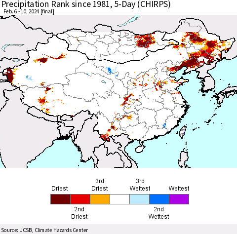 China, Mongolia and Taiwan Precipitation Rank since 1981, 5-Day (CHIRPS) Thematic Map For 2/6/2024 - 2/10/2024