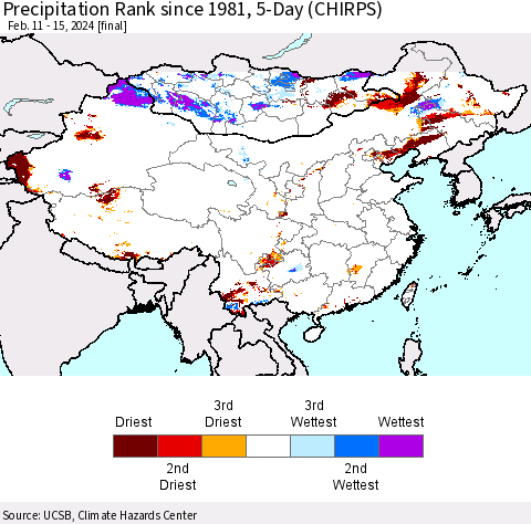 China, Mongolia and Taiwan Precipitation Rank since 1981, 5-Day (CHIRPS) Thematic Map For 2/11/2024 - 2/15/2024