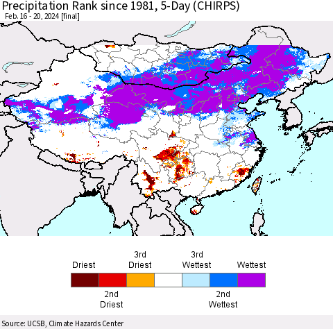 China, Mongolia and Taiwan Precipitation Rank since 1981, 5-Day (CHIRPS) Thematic Map For 2/16/2024 - 2/20/2024