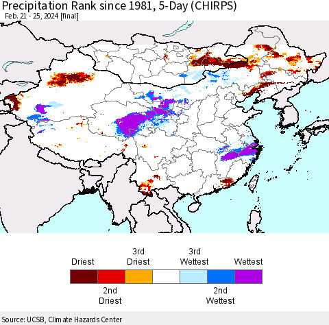 China, Mongolia and Taiwan Precipitation Rank since 1981, 5-Day (CHIRPS) Thematic Map For 2/21/2024 - 2/25/2024