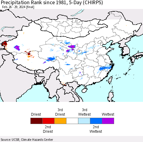 China, Mongolia and Taiwan Precipitation Rank since 1981, 5-Day (CHIRPS) Thematic Map For 2/26/2024 - 2/29/2024