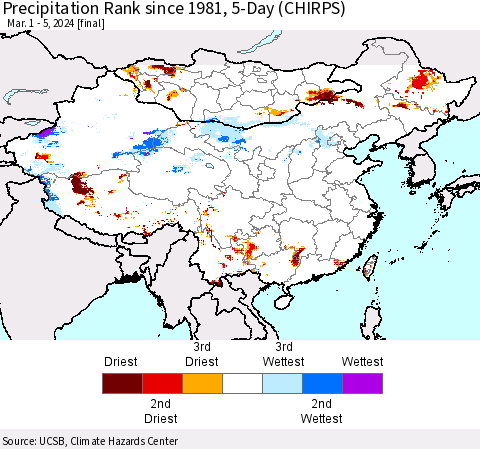China, Mongolia and Taiwan Precipitation Rank since 1981, 5-Day (CHIRPS) Thematic Map For 3/1/2024 - 3/5/2024