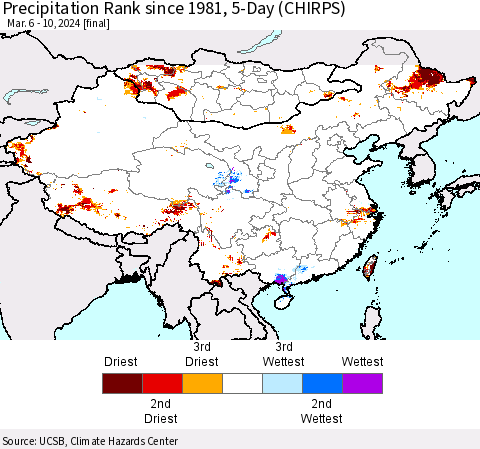 China, Mongolia and Taiwan Precipitation Rank since 1981, 5-Day (CHIRPS) Thematic Map For 3/6/2024 - 3/10/2024