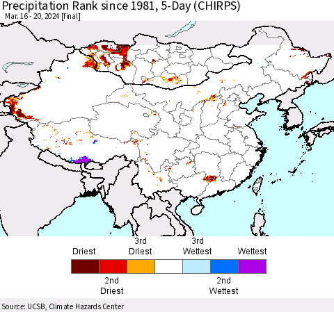 China, Mongolia and Taiwan Precipitation Rank since 1981, 5-Day (CHIRPS) Thematic Map For 3/16/2024 - 3/20/2024
