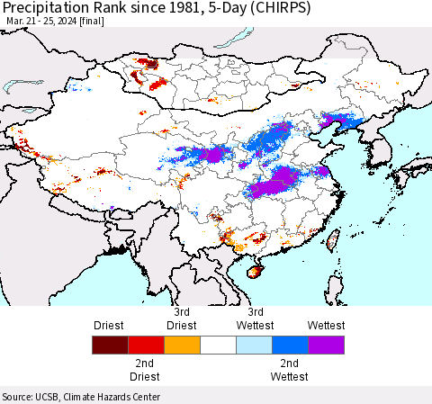 China, Mongolia and Taiwan Precipitation Rank since 1981, 5-Day (CHIRPS) Thematic Map For 3/21/2024 - 3/25/2024