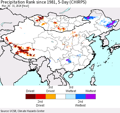 China, Mongolia and Taiwan Precipitation Rank since 1981, 5-Day (CHIRPS) Thematic Map For 3/26/2024 - 3/31/2024
