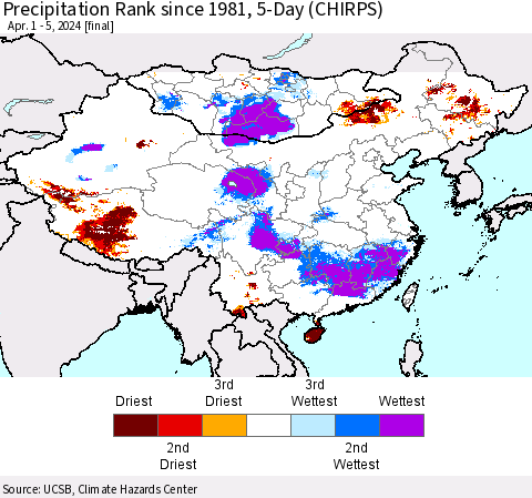 China, Mongolia and Taiwan Precipitation Rank since 1981, 5-Day (CHIRPS) Thematic Map For 4/1/2024 - 4/5/2024