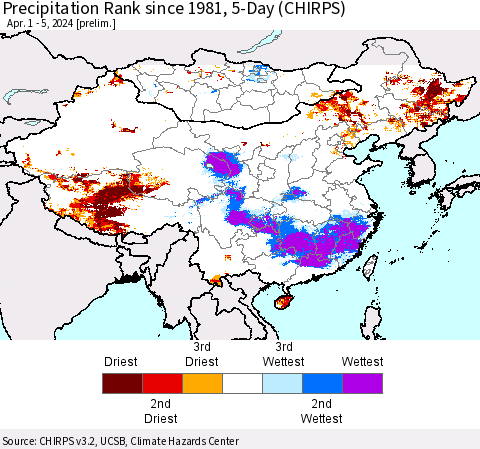 China, Mongolia and Taiwan Precipitation Rank since 1981, 5-Day (CHIRPS) Thematic Map For 4/1/2024 - 4/5/2024