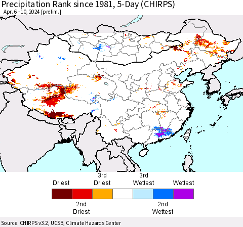 China, Mongolia and Taiwan Precipitation Rank since 1981, 5-Day (CHIRPS) Thematic Map For 4/6/2024 - 4/10/2024
