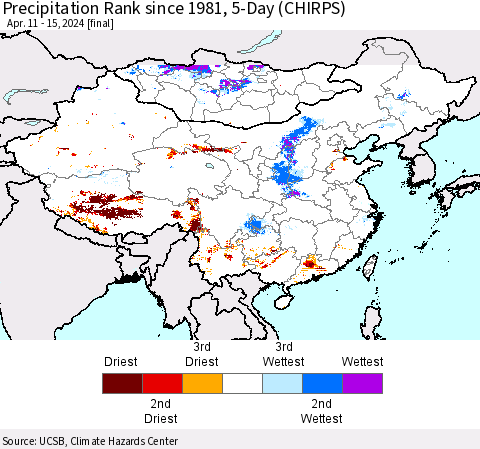 China, Mongolia and Taiwan Precipitation Rank since 1981, 5-Day (CHIRPS) Thematic Map For 4/11/2024 - 4/15/2024