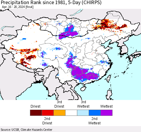China, Mongolia and Taiwan Precipitation Rank since 1981, 5-Day (CHIRPS) Thematic Map For 4/16/2024 - 4/20/2024