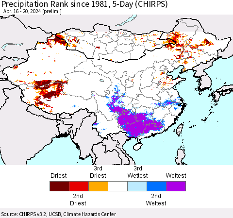 China, Mongolia and Taiwan Precipitation Rank since 1981, 5-Day (CHIRPS) Thematic Map For 4/16/2024 - 4/20/2024