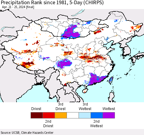 China, Mongolia and Taiwan Precipitation Rank since 1981, 5-Day (CHIRPS) Thematic Map For 4/21/2024 - 4/25/2024