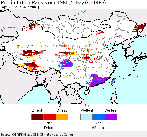 China, Mongolia and Taiwan Precipitation Rank since 1981, 5-Day (CHIRPS) Thematic Map For 4/21/2024 - 4/25/2024