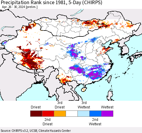 China, Mongolia and Taiwan Precipitation Rank since 1981, 5-Day (CHIRPS) Thematic Map For 4/26/2024 - 4/30/2024