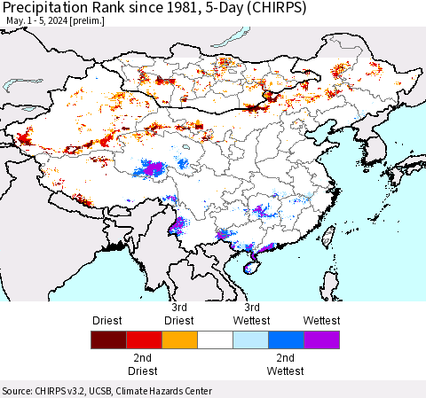 China, Mongolia and Taiwan Precipitation Rank since 1981, 5-Day (CHIRPS) Thematic Map For 5/1/2024 - 5/5/2024