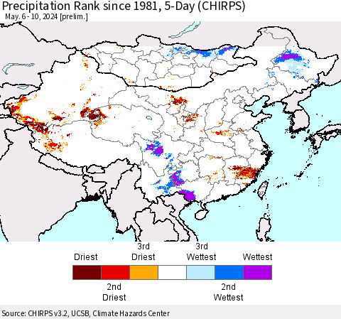 China, Mongolia and Taiwan Precipitation Rank since 1981, 5-Day (CHIRPS) Thematic Map For 5/6/2024 - 5/10/2024