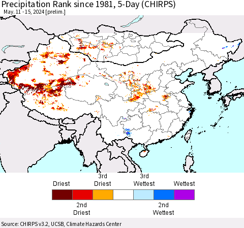 China, Mongolia and Taiwan Precipitation Rank since 1981, 5-Day (CHIRPS) Thematic Map For 5/11/2024 - 5/15/2024